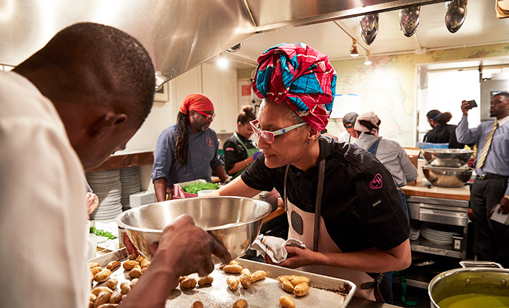 Carla Hall in the Beard House kitchen photo by David Chow