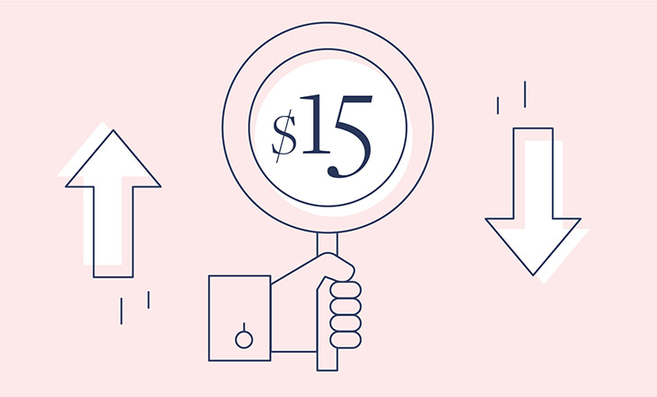 Graphic on a pink background of a hand holding a circular sign that says $15, next to the hand is an arrow pointing up on the left, and an arrow pointing down on the right side