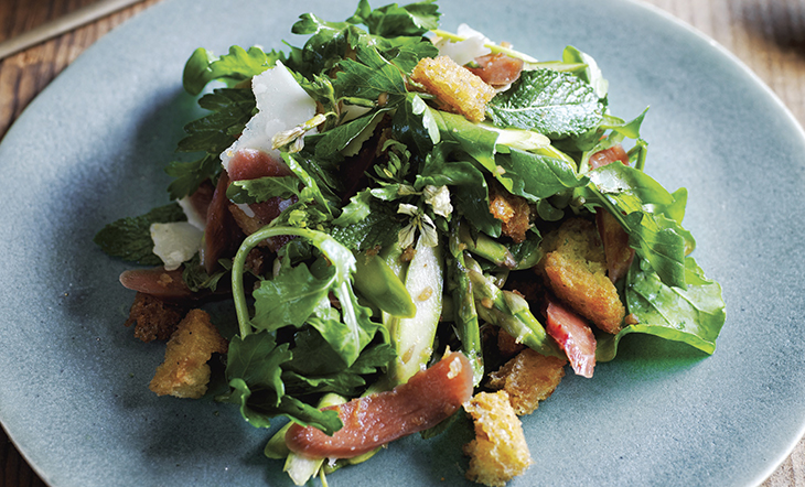 Bread Salad with Asparagus, Pickled Rhubarb, and Flat-Leaf Parsley Recipe | James Beard Foundation